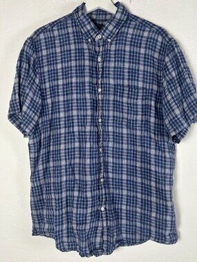 Banana Republic Mens Blue Plaid Linen Button-Down Short Sleeve Shirt Camden Fit